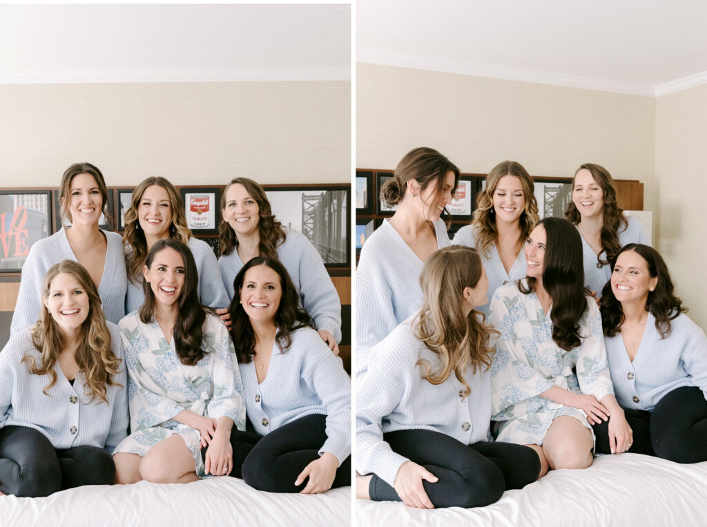 bride with bridesmaids in matching baby blue cardigans