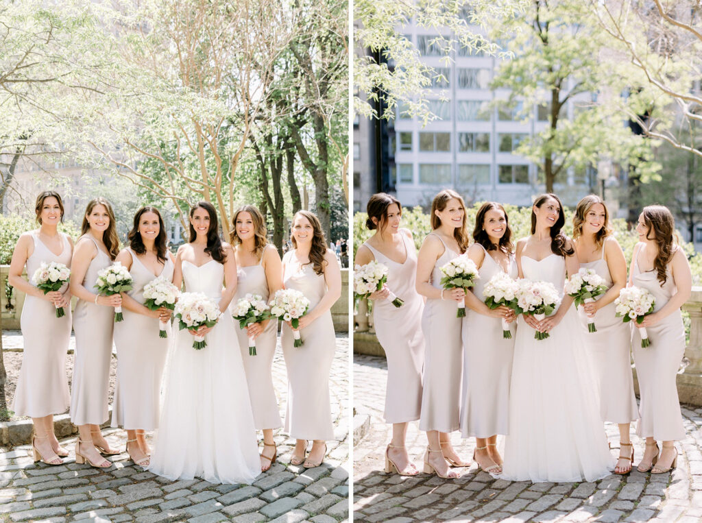 bride with her bridesmaids in Rittenhouse Square in Philadelphia by Emily Wren Photography