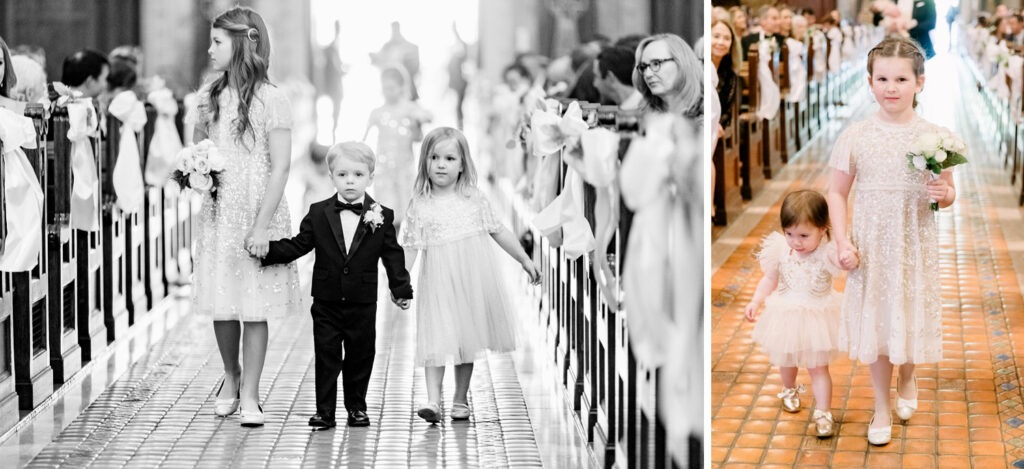 flower girls & ring bearer walking down the aisle at St Patricks Church in Center City Philadelphia