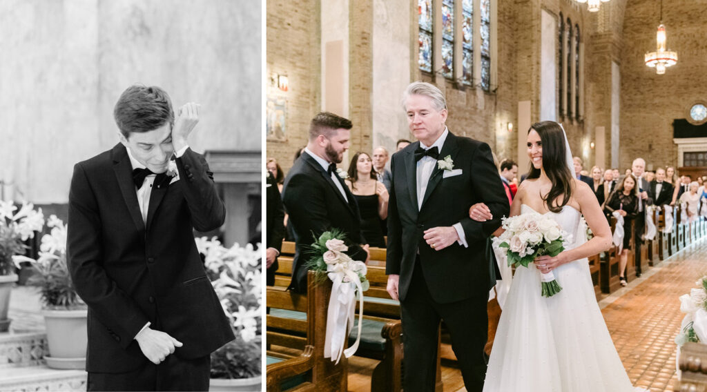 groom crying as his bride walks down the church aisle in Philadelphia by Emily Wren Photography