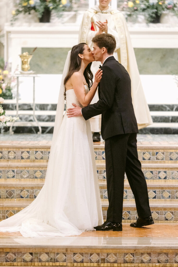 bride & Groom's first kiss at St Patricks Church ceremony in Philadelphia