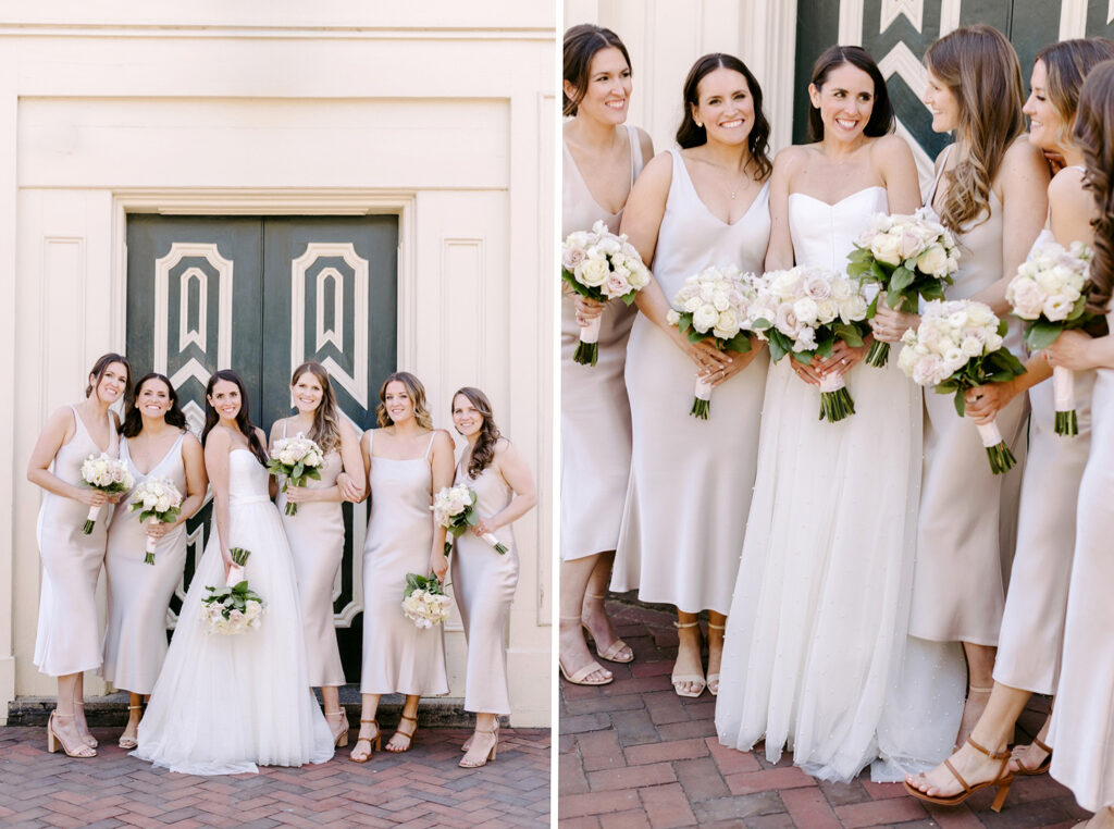 bride with her bridesmaids in neutral bridesmaid dresses by Emily Wren Photography