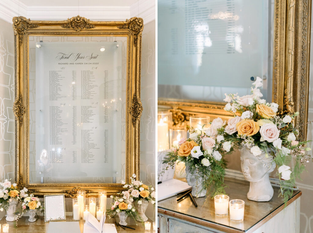 wedding reception seating chart surrounded by greek bust flower vases by Emily Wren Photography