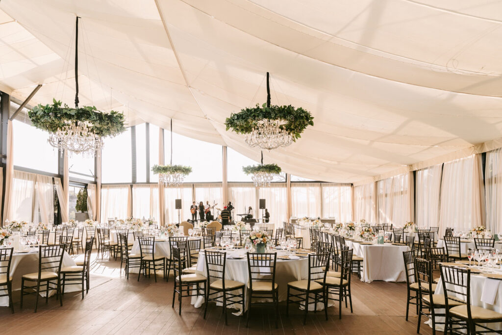 Golden hour white tent wedding reception by Philadelphia wedding photographer Emily Wren Photography