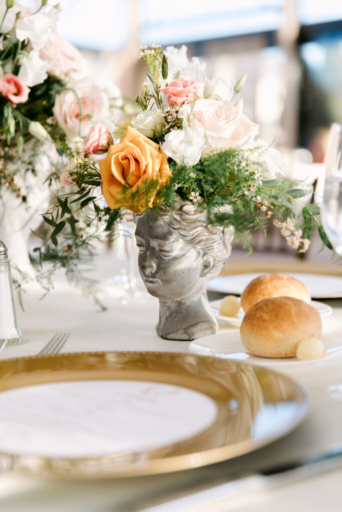 greek bust floral vases at Philadelphia wedding reception by Emily Wren Photography