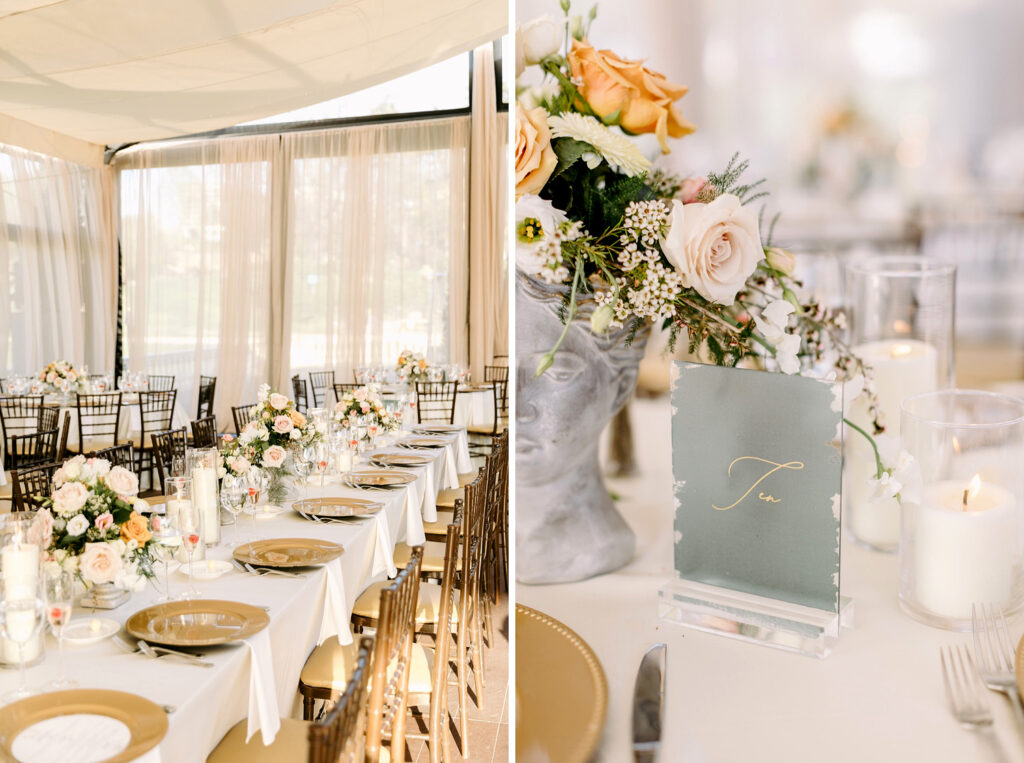 gold, muted gray and white wedding reception color palette decor