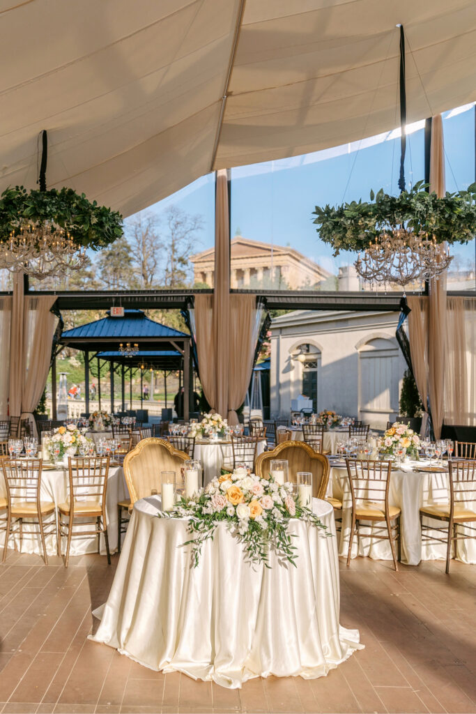 Spring wedding reception sweetheart table at Cescaphe's Philadelphia Water Works by Emily Wren Photography