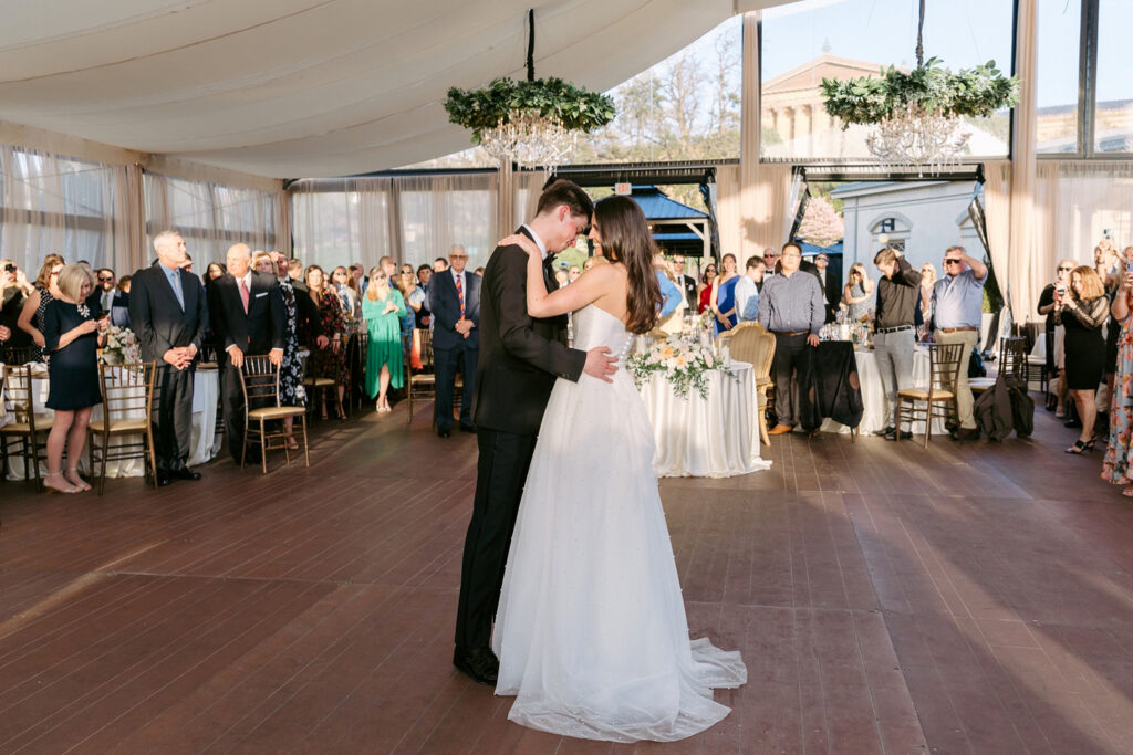 bride & grooms first dance at Cescaphe's Water Works wedding reception