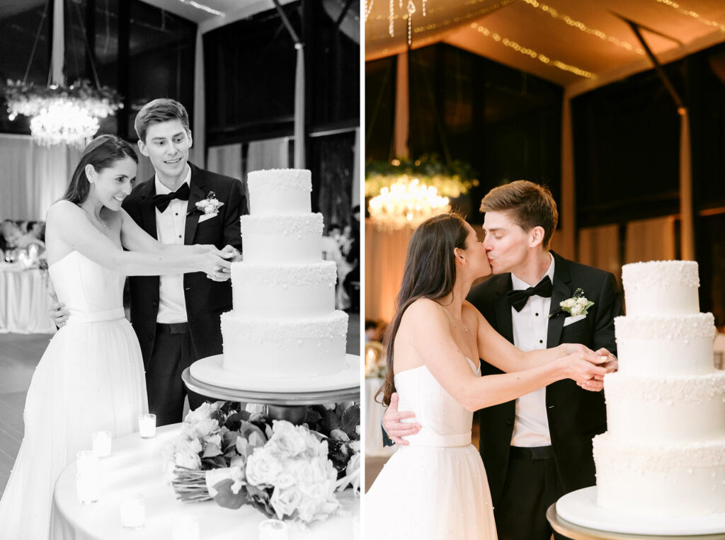 bride & groom cutting 4 tier minimalist wedding cake by Emily Wren Photography