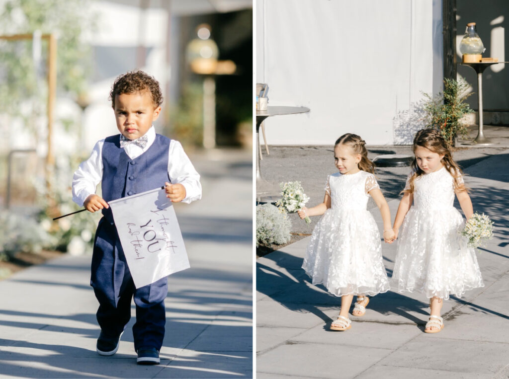 ring bearer and flower girls walking down the aisle at Terrain at DelVal