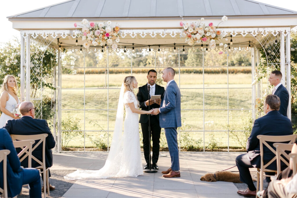 late summer outdoor boho wedding ceremony at Terrain Gardens at DelVal