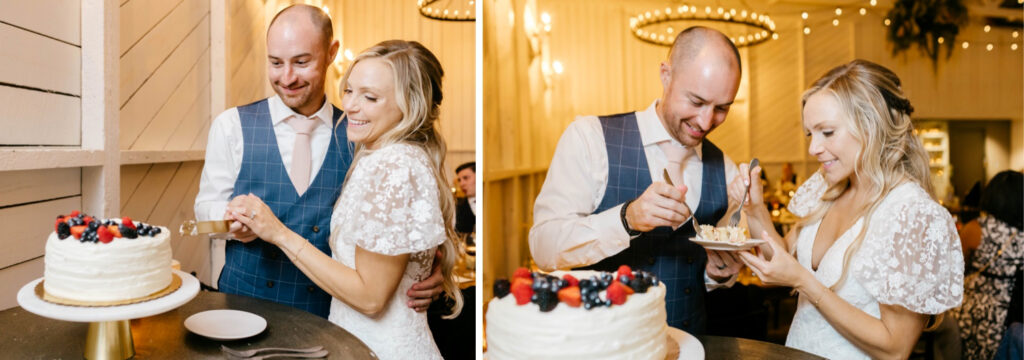 bride & groom cutting their minimalism wedding cake