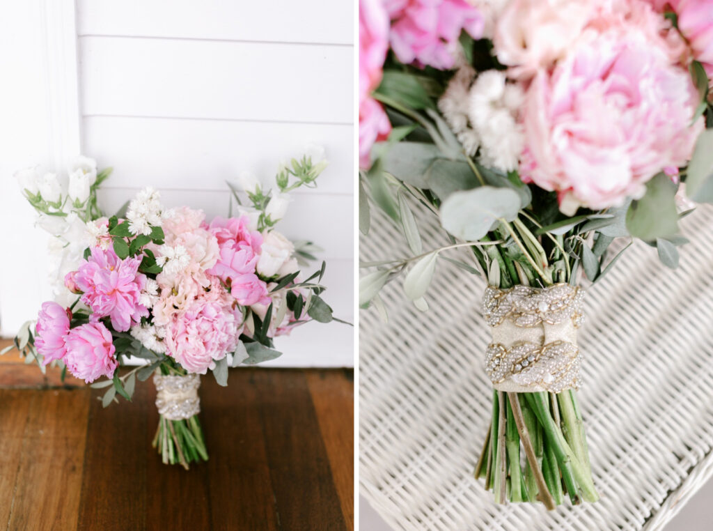 pink bridal bouquet for summer beach wedding day