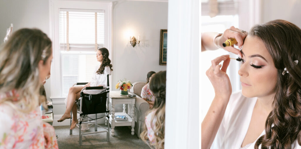 bride getting her summer wedding day makeup done by Emily Wren Photography