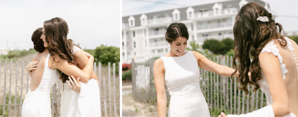 wedding day first look between brides on Cape May beach by Emily Wren Photography