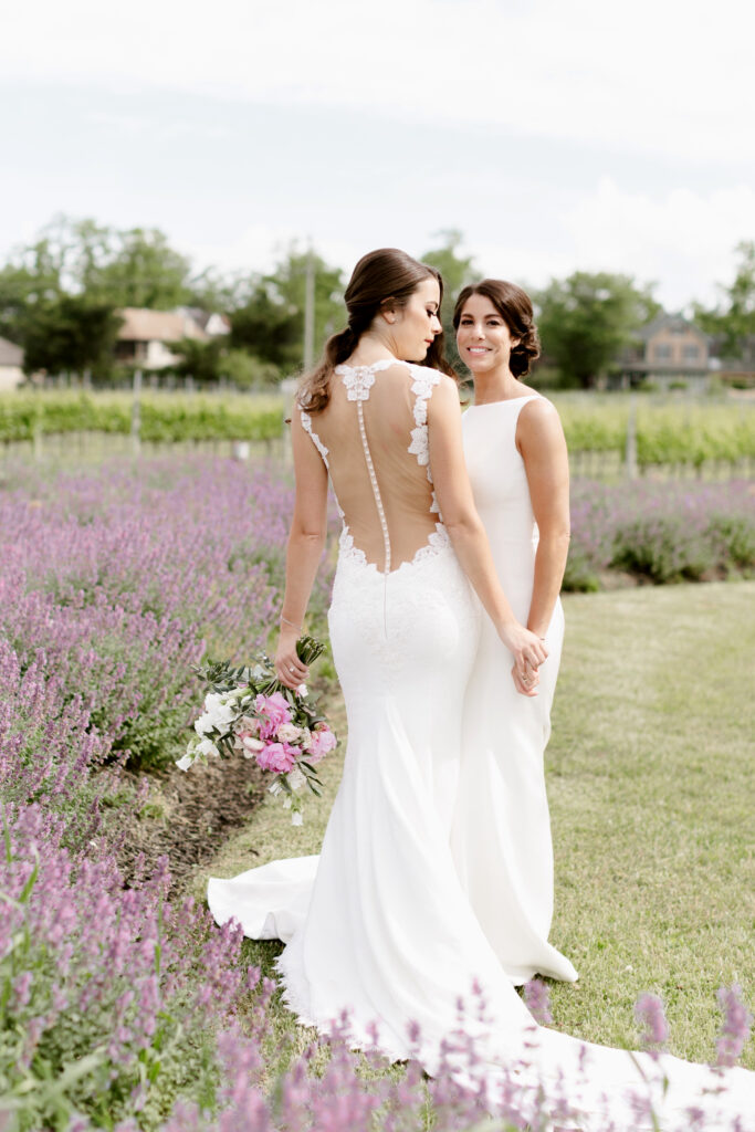 same sex wedding couple in lavender fields in New Jersey