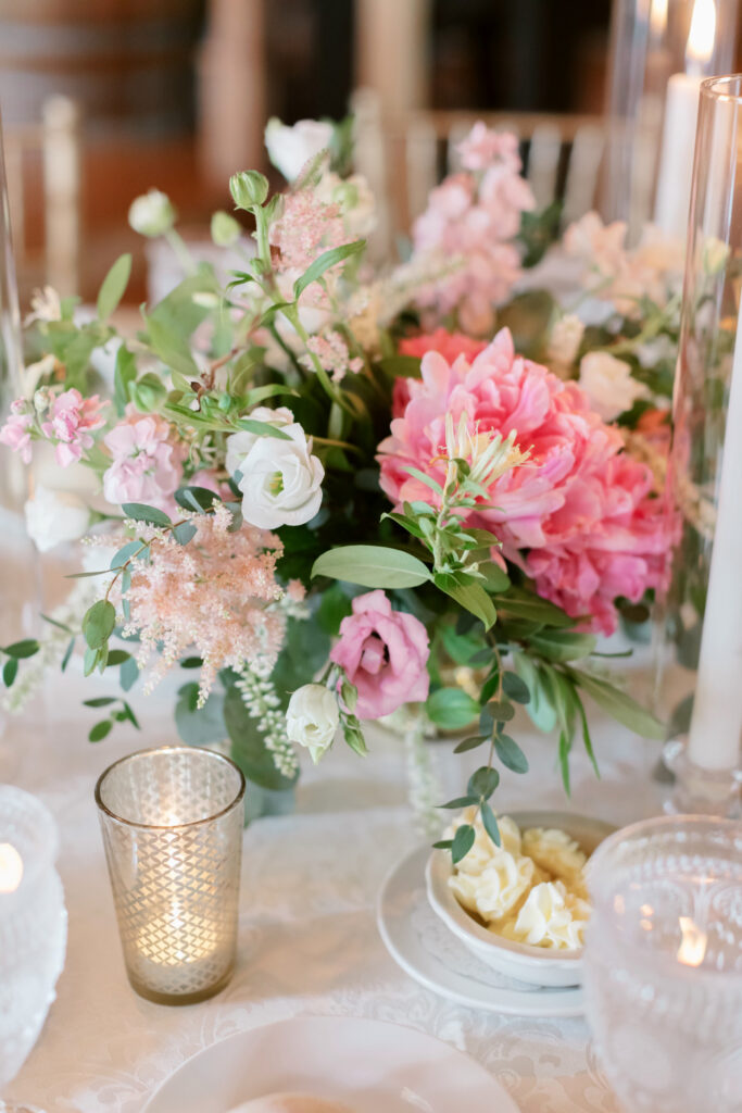 pink floral table centerpieces for summer wedding reception