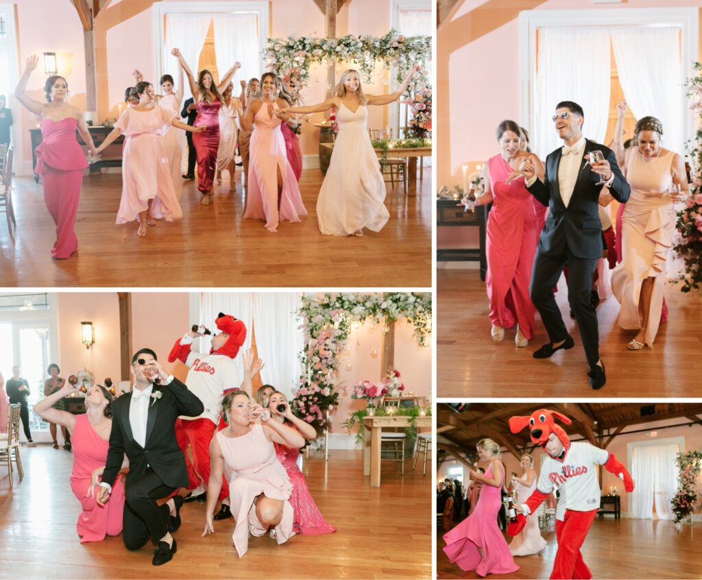 fun bridal party reception entrances in Philadelphia Phillies jerseys