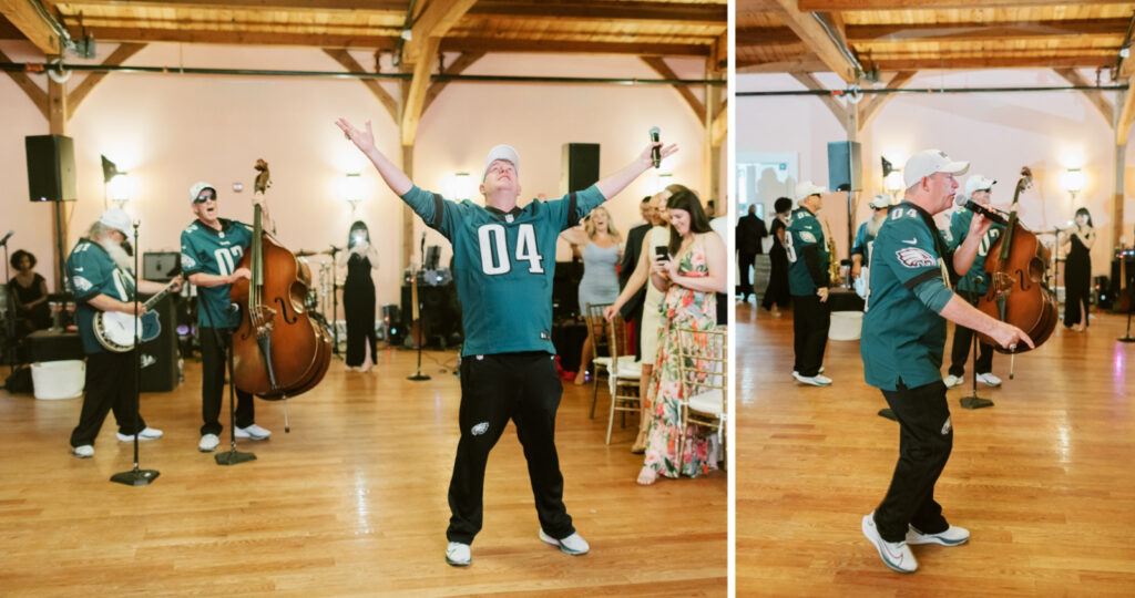 fun wedding band in Philadelphia Eagles jerseys by Emily Wren Photography