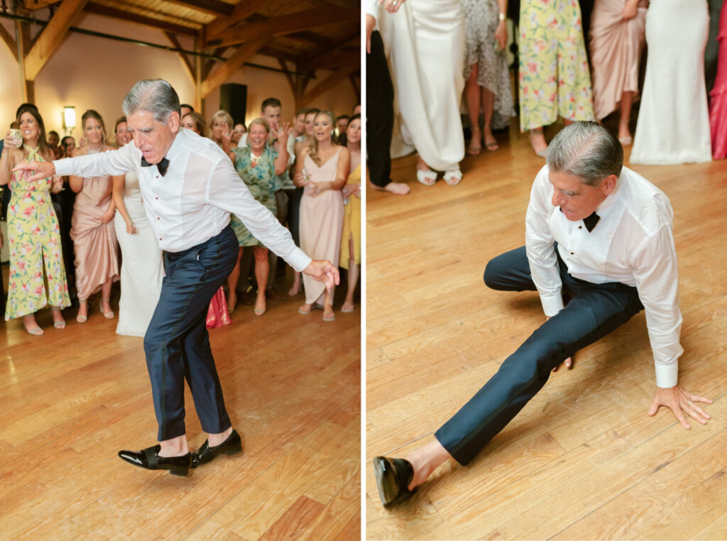 father of the bride break dancing at New Jersey wedding reception by Emily Wren Photography