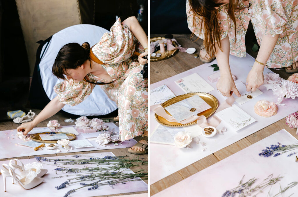 Emily Wren Photography setting up wedding suite layflat during Lavender Dreams Workshop