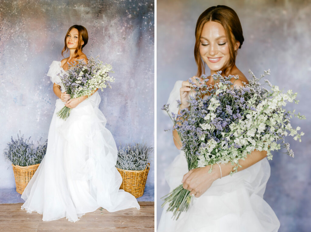 styled shoot bride holding lavender flowers by Emily Wren Photography