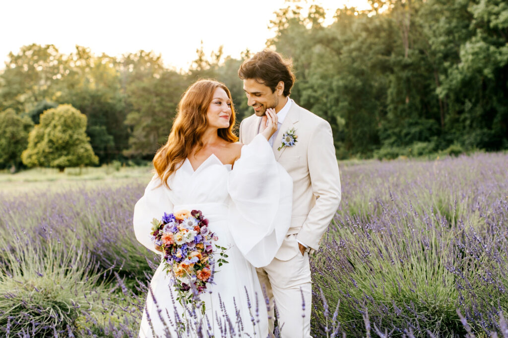 bride & groom golden hour portraits in Pennsylvania Lavender field