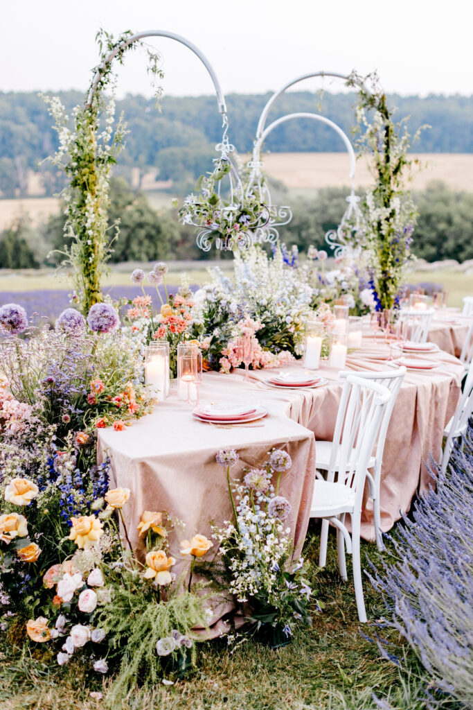 outdoor wedding reception in Lavender Farms at Warwick Furnace Farms by Emily Wren Photography