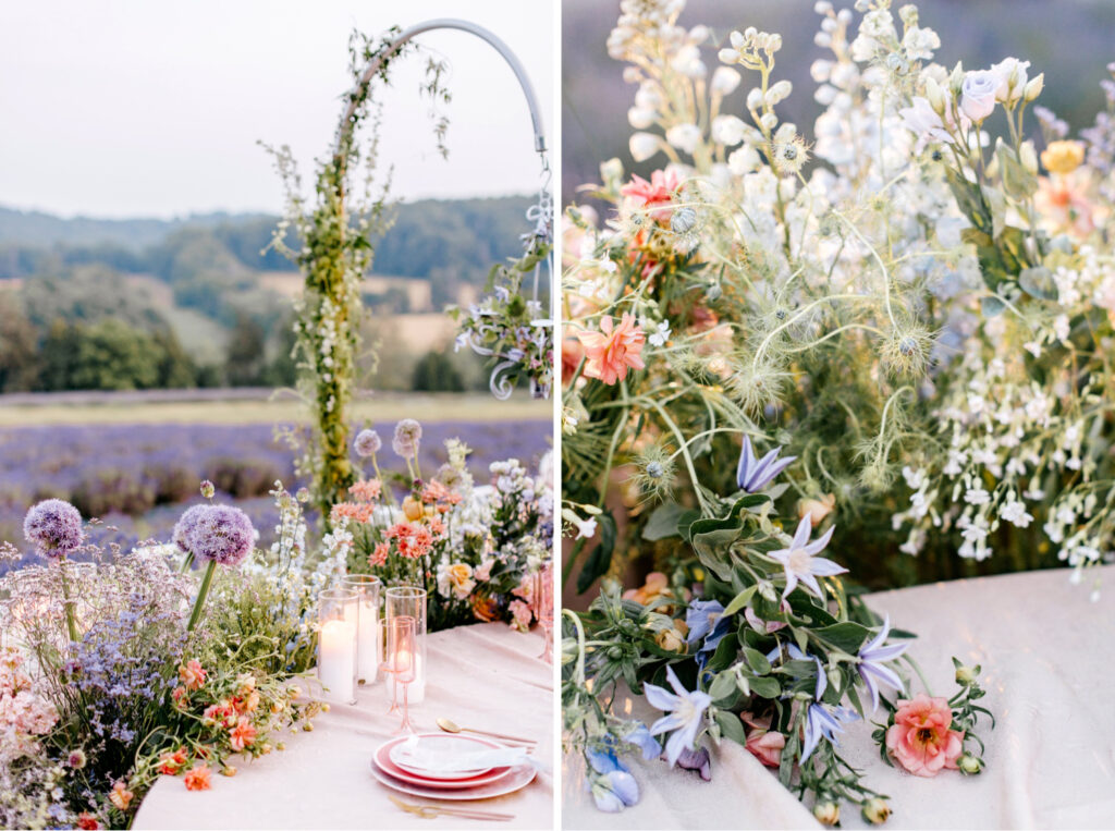 outdoor lavender field wedding reception table by Emily Wren Photography