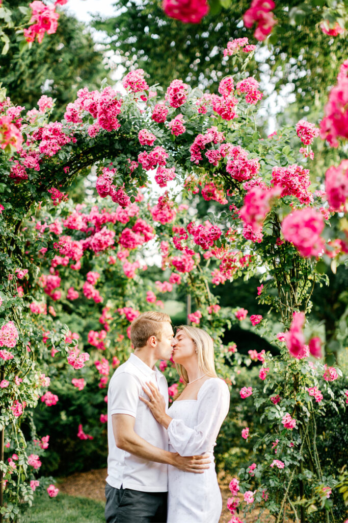 engagement photos under tree with pink flowers at Longwood Gardens