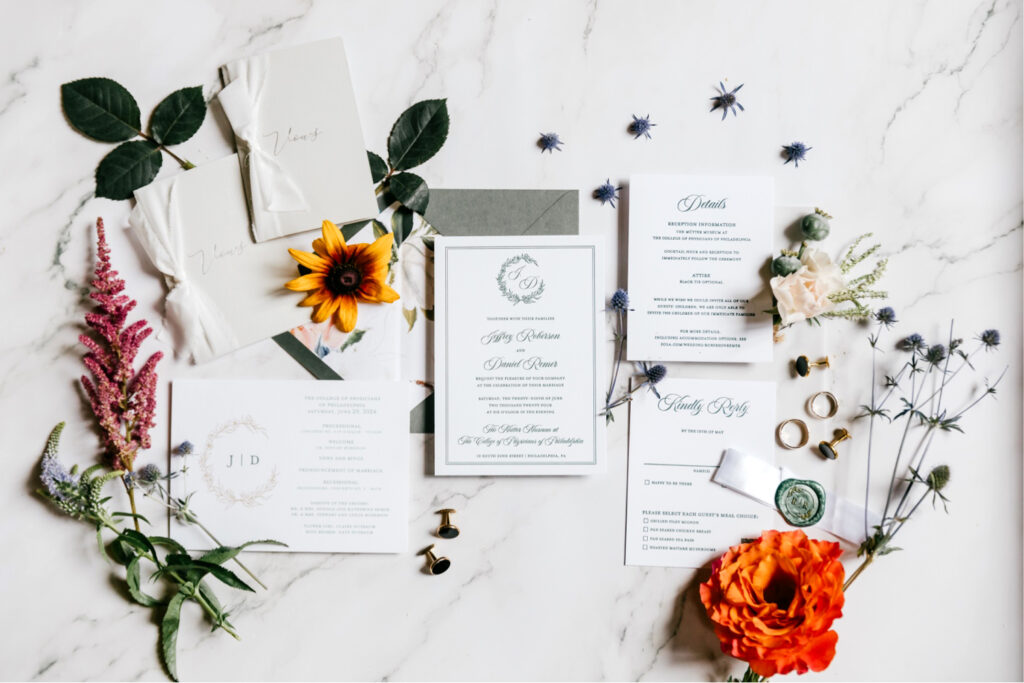 white & green wedding invitational suite by Emily Wren Photography