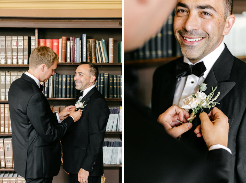 grooms getting ready for Philadelphia wedding in a library