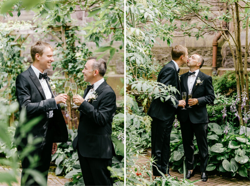 same sex grooms wedding portrait in College of Physicians garden