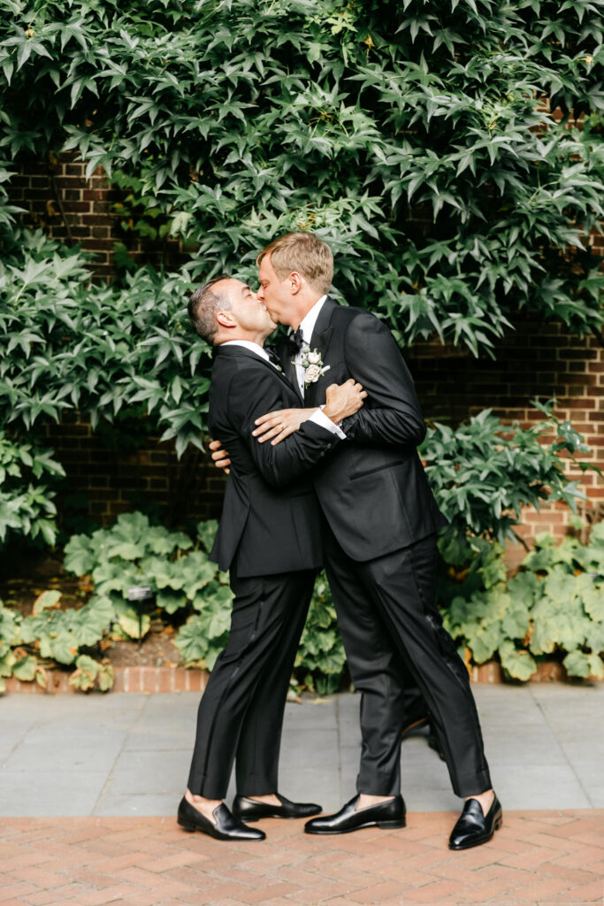 gay grooms first kiss at Philadelphia wedding ceremony at College of Physicians