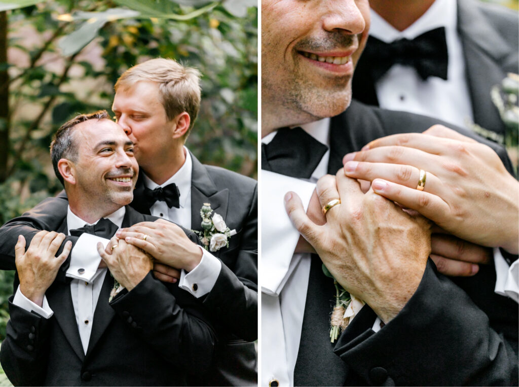 same sex grooms portrait session in College of Physicians garden