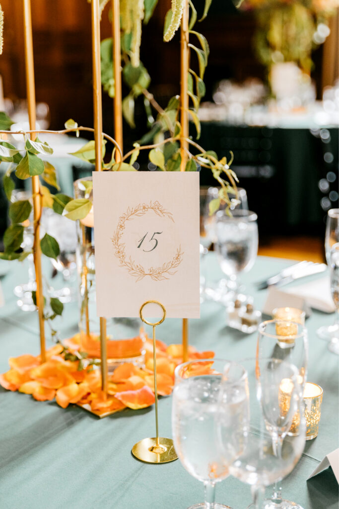 white and gold wedding reception table numbers