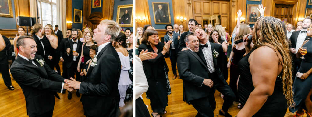 grooms dancing and having fun at their College of Physicians wedding reception