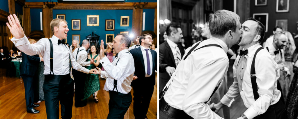 grooms enjoying their Center City Philadelphia wedding reception by Emily Wren Photography