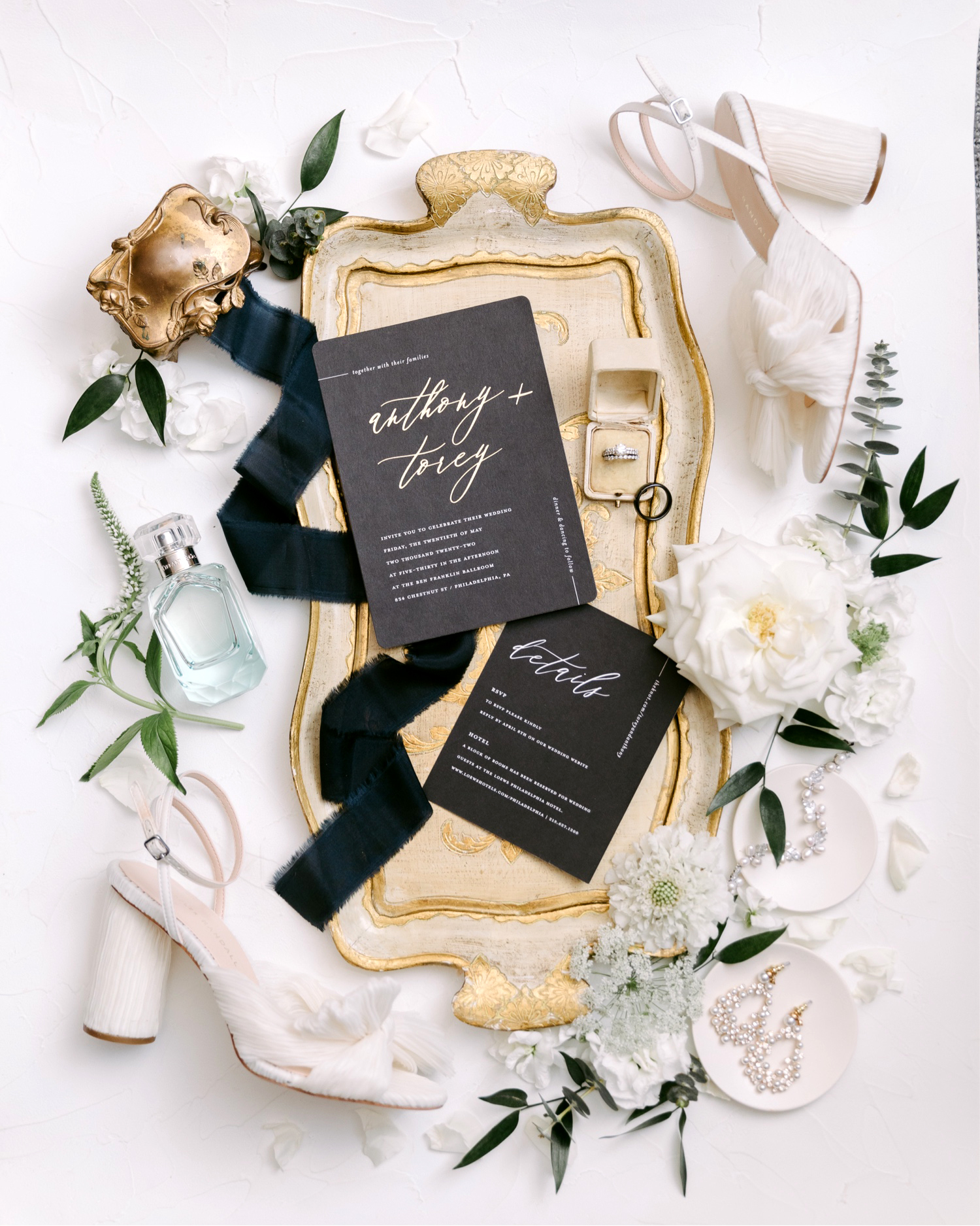 black, white and gold luxurious wedding invitation suite by Emily Wren Photography