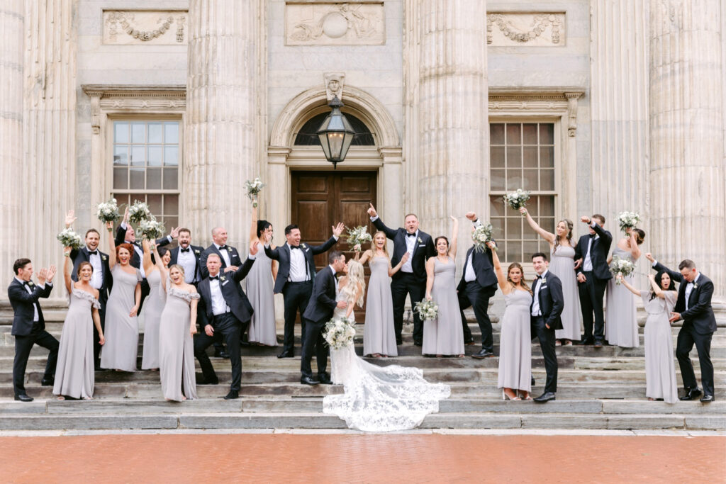 full wedding party at Second National Bank in Old City Philadelphia by Emily Wren Photography