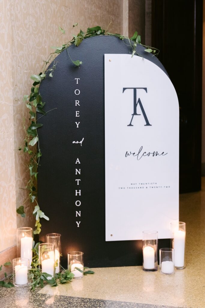 black and white wedding welcome sign