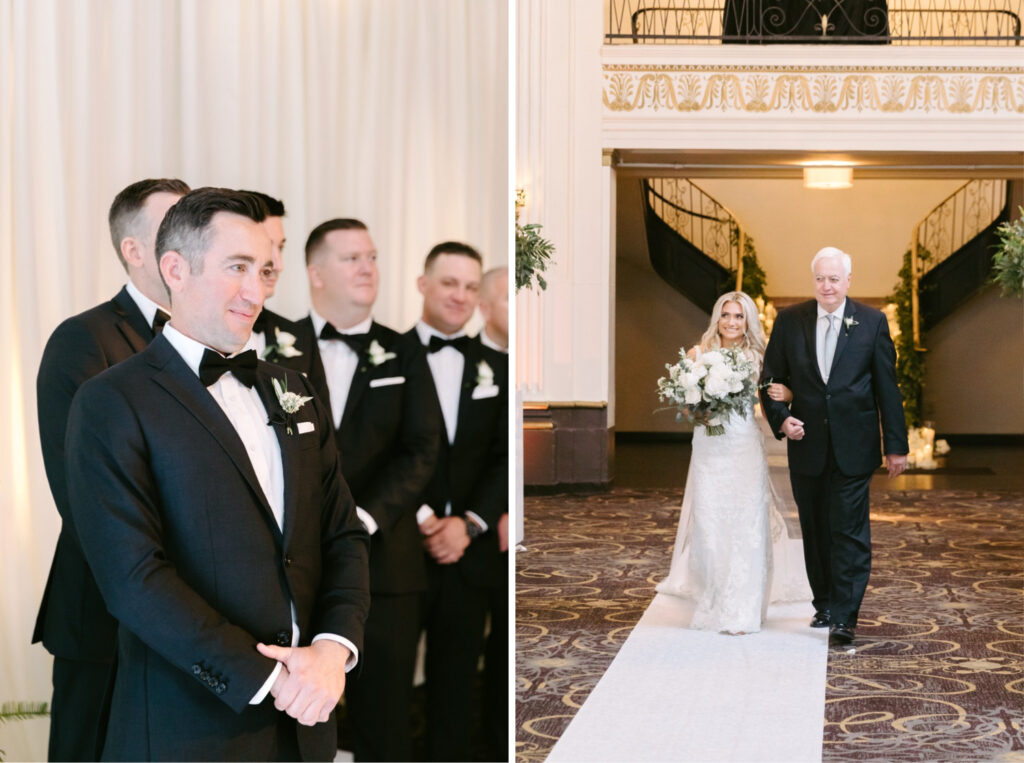 bride walking down the aisle at the Ballroom at the Ben wedding ceremony