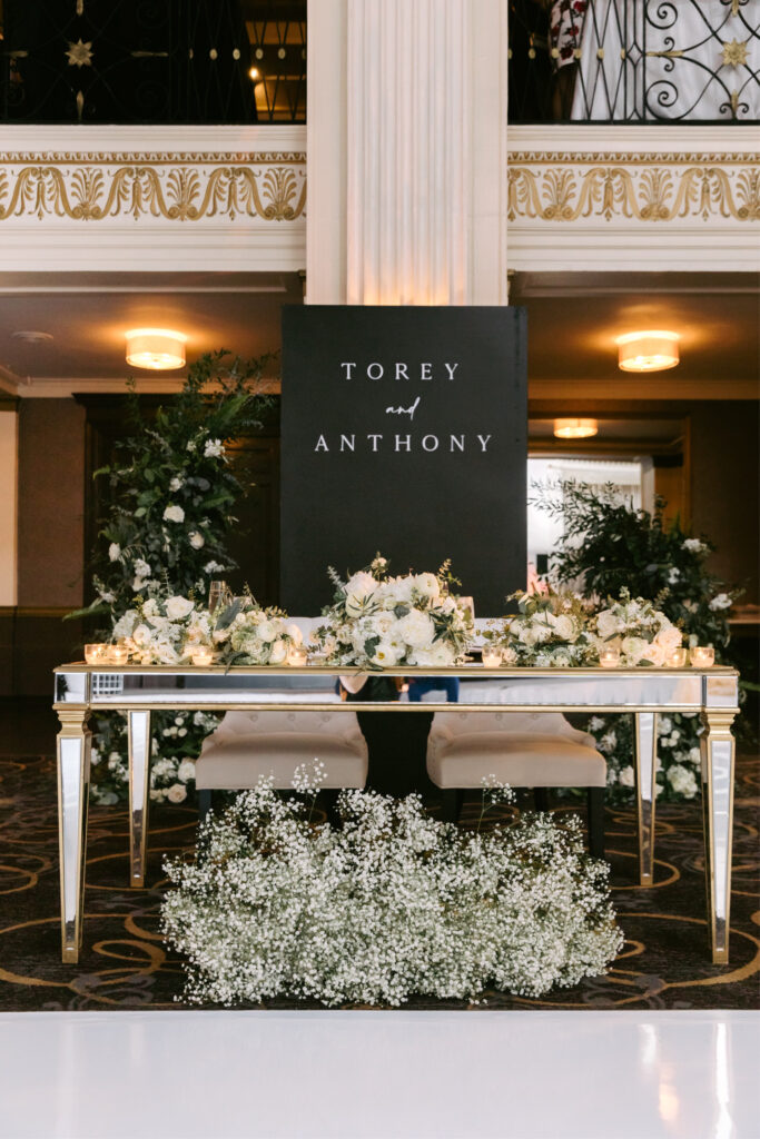 black and white sweetheart table at Cescaphe wedding reception