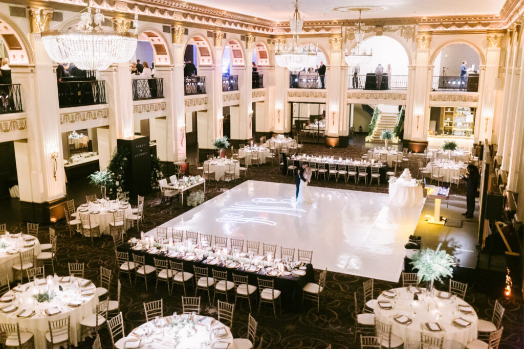 bride & groom's private first dance at Cescaphe wedding reception at the Ballroom at the Ben