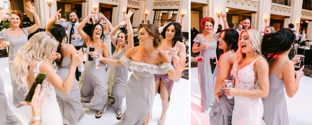 bridesmaids and bride dancing at modern & elegant wedding reception at Ballroom at the Ben by Emily Wren Photography