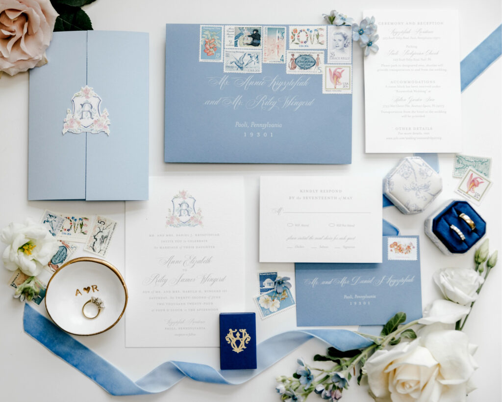 blue and white elegant wedding invitational suite by Emily Wren Photography