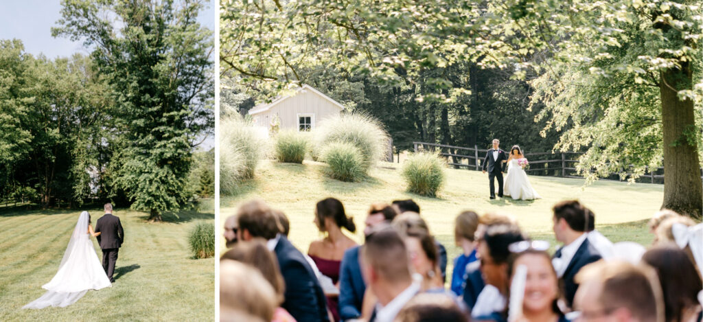 bride walking down the aisle at her at-home estate wedding