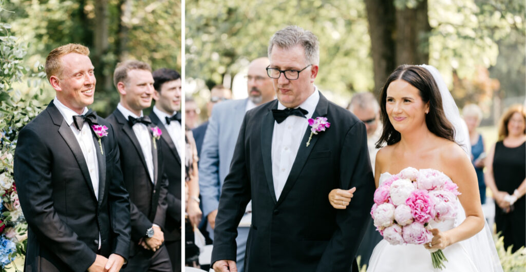 grooms reaction to bride walking down the aisle during outdoor wedding ceremony by Emily Wren Photography