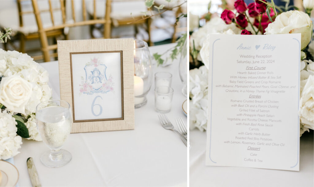 simple blue, white & black wedding reception menu