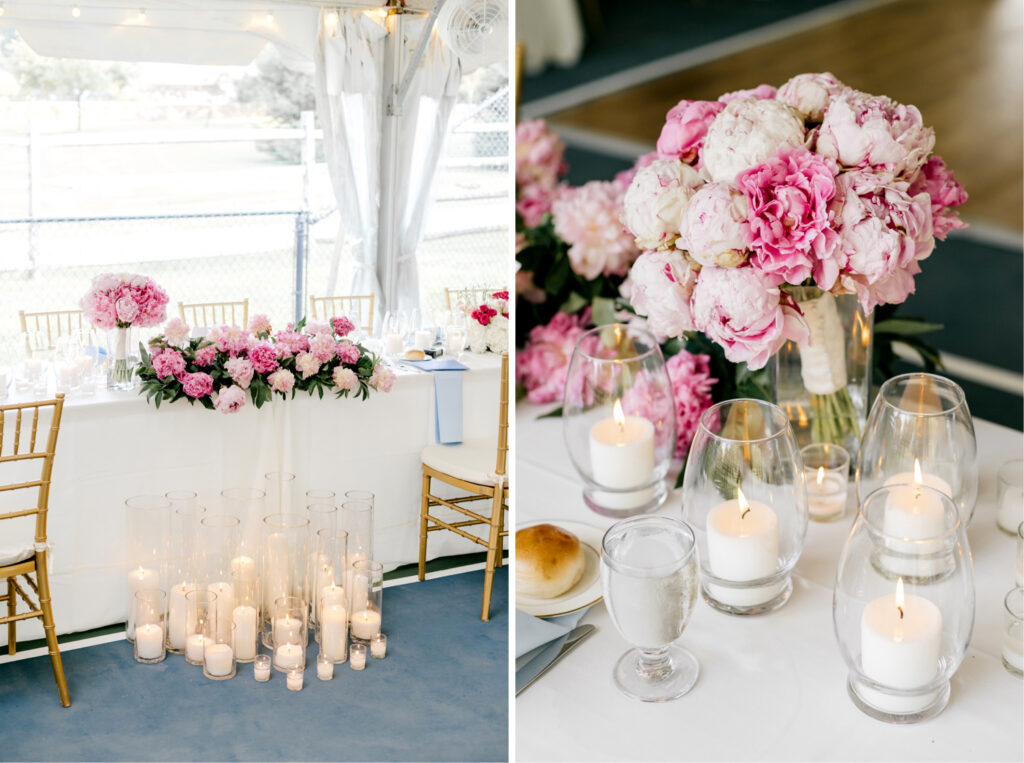 white & hot pink wedding reception sweetheart table by Emily Wren Photography